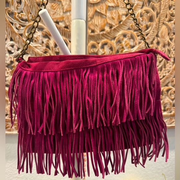 Chinese Laundry Fuchsia, Suede Leather, Chain Strap, Fringe Purse- 11”x8”x2.5” - Picture 4 of 16